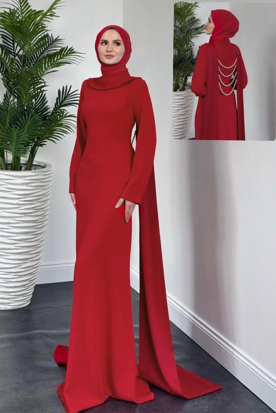 Tesettür giyim KIRMIZI İNCİ DETAYLI ABİYE ELBİSE T 8916