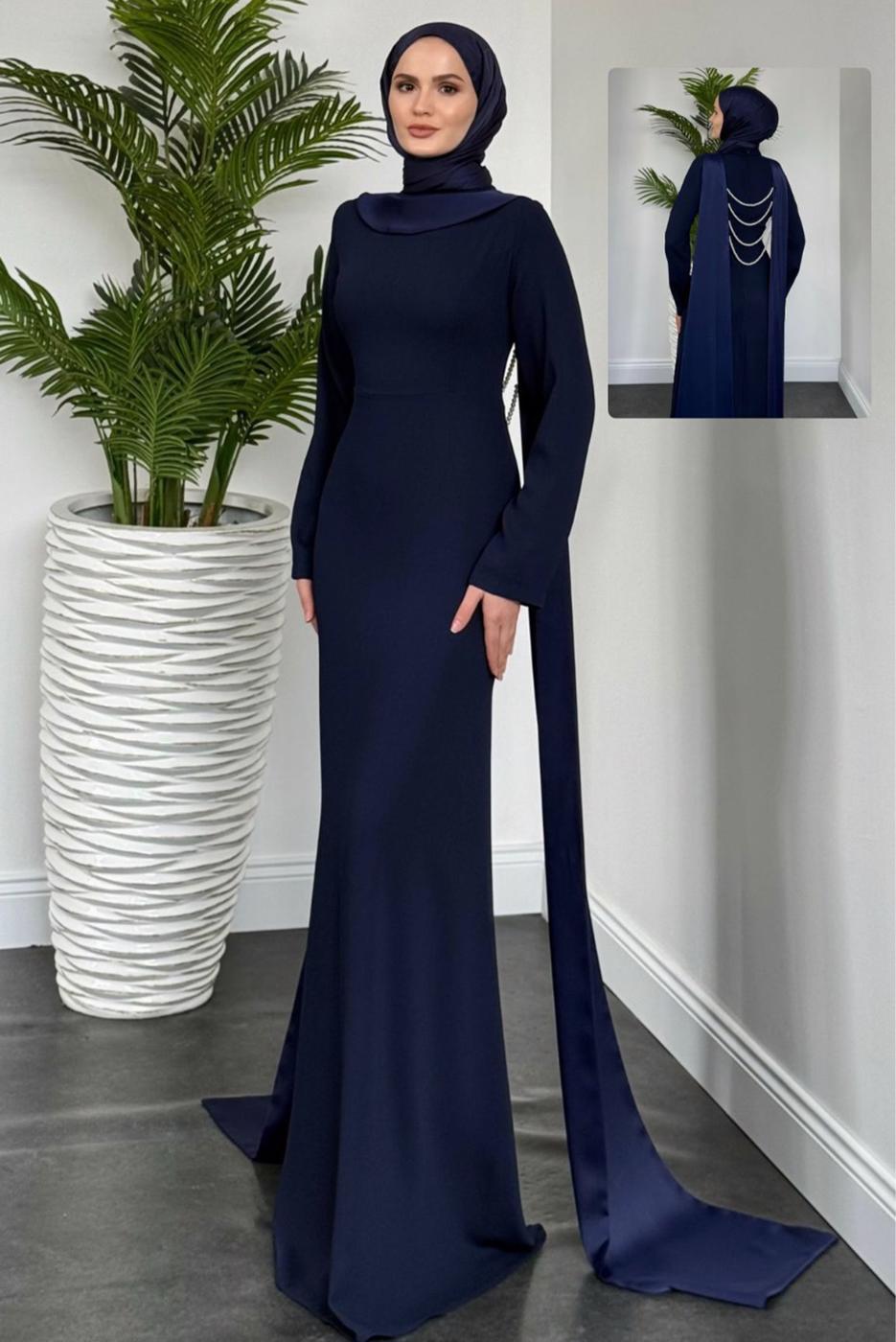Tesettür giyim LACİVERT İNCİ DETAYLI ABİYE ELBİSE T 8916