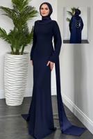 Tesettür giyim LACİVERT İNCİ DETAYLI ABİYE ELBİSE T 8916