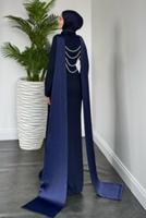 Tesettür giyim LACİVERT İNCİ DETAYLI ABİYE ELBİSE T 8916