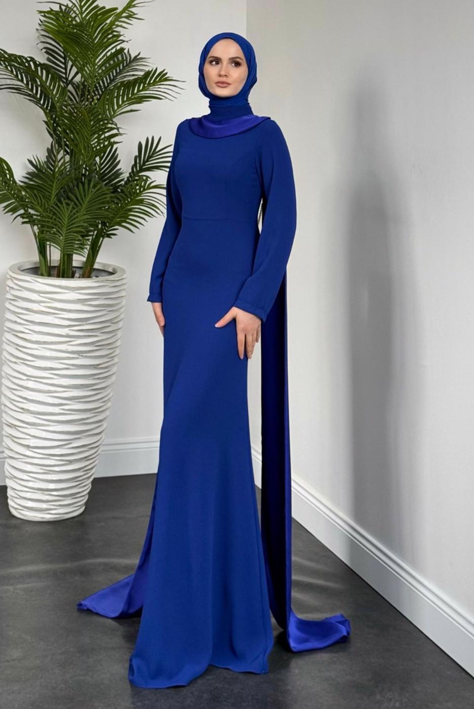 Tesettür giyim LACİVERT İNCİ DETAYLI ABİYE ELBİSE T 8916