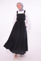 Tesettür giyim SİYAH KUŞAKLI SALOPET ELBİSE T 8974