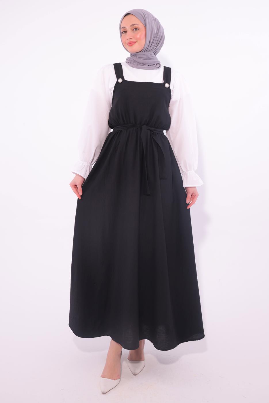 Tesettür giyim SİYAH KUŞAKLI SALOPET ELBİSE T 8974