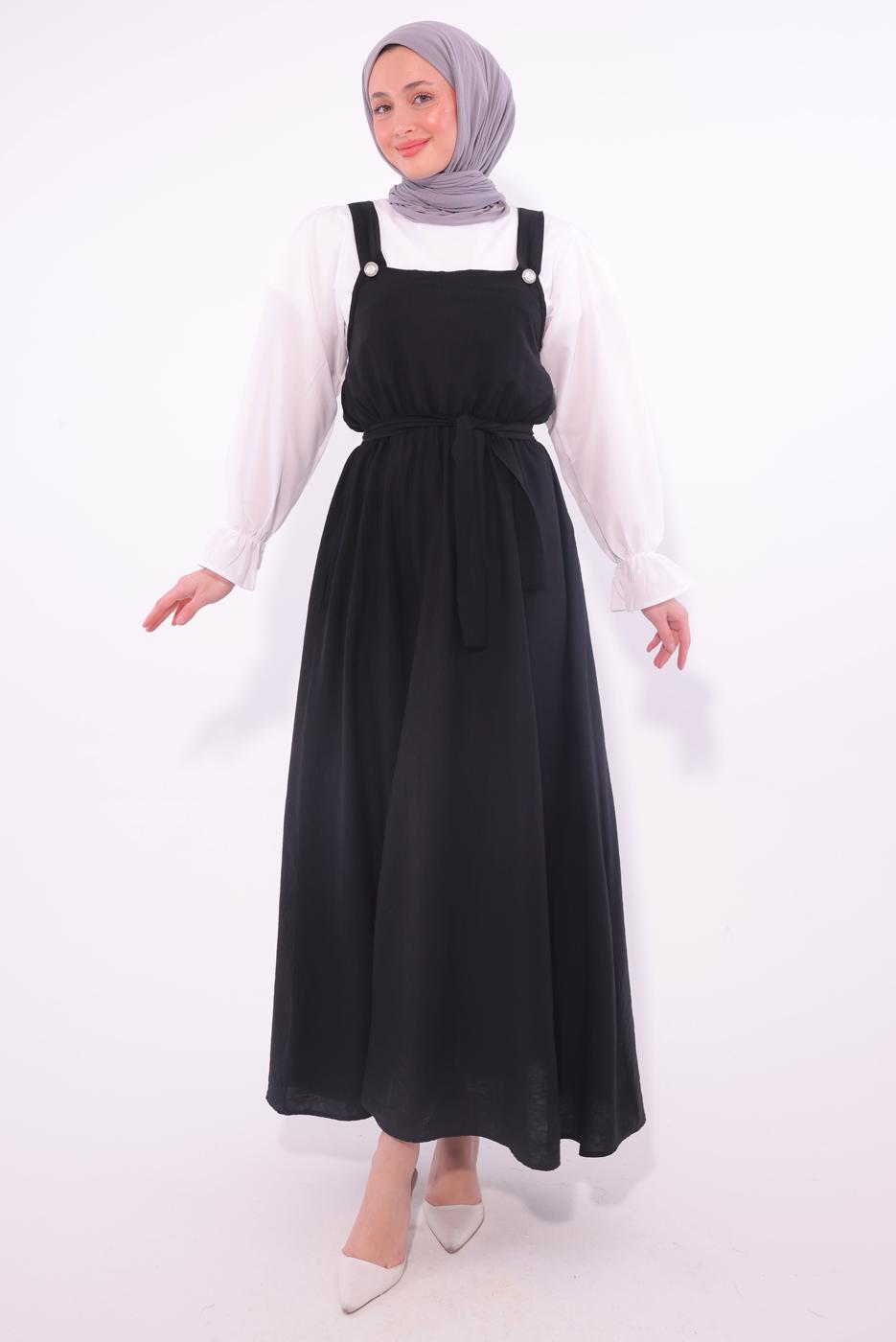 Tesettür giyim SİYAH KUŞAKLI SALOPET ELBİSE T 8974