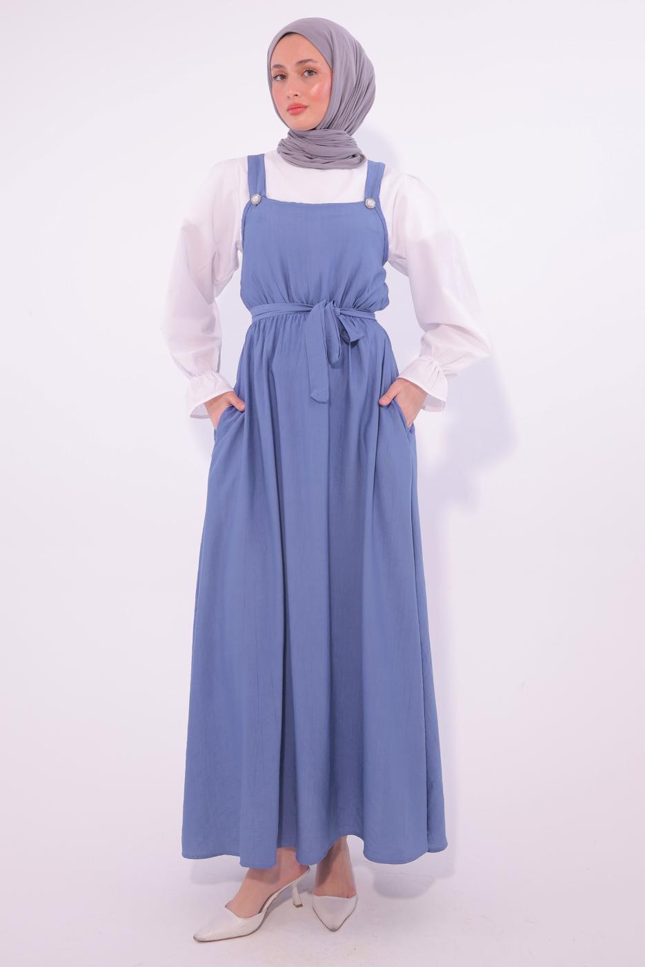 Tesettür giyim MAVİ KUŞAKLI SALOPET ELBİSE T 8974