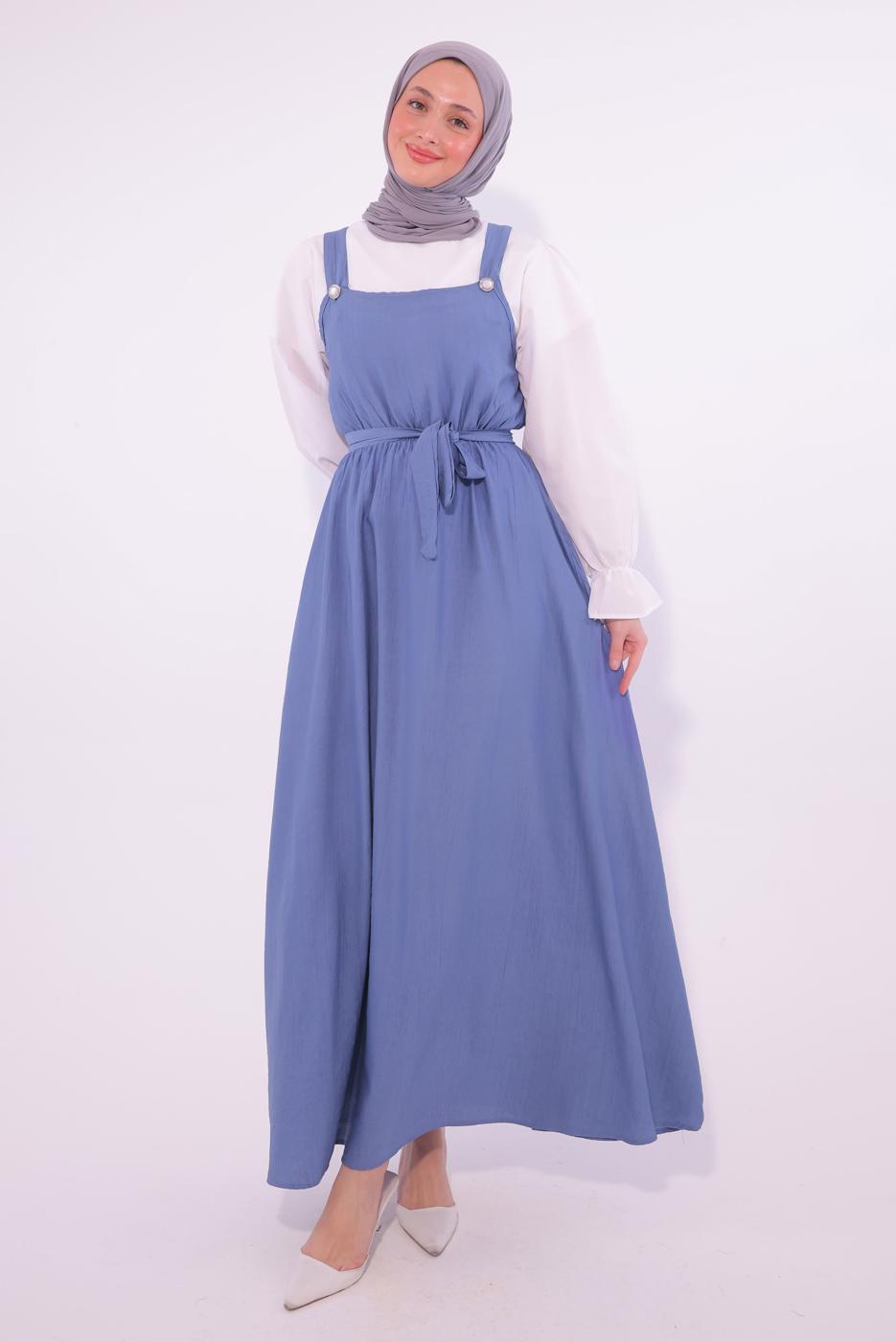 Tesettür giyim MAVİ KUŞAKLI SALOPET ELBİSE T 8974