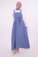 Tesettür giyim MAVİ KUŞAKLI SALOPET ELBİSE T 8974