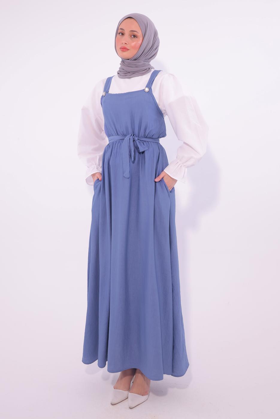 Tesettür giyim MAVİ KUŞAKLI SALOPET ELBİSE T 8974