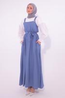 Tesettür giyim MAVİ KUŞAKLI SALOPET ELBİSE T 8974