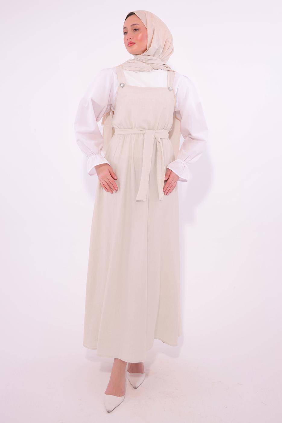 Tesettür giyim BEJ KUŞAKLI SALOPET ELBİSE T 8974