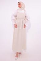 Tesettür giyim BEJ KUŞAKLI SALOPET ELBİSE T 8974
