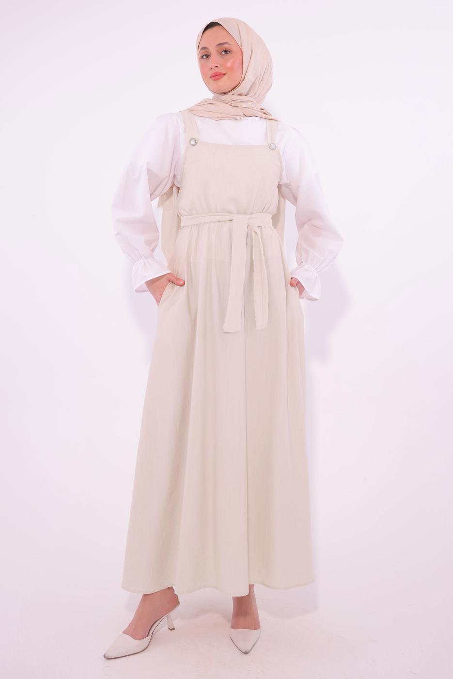 Tesettür giyim BEJ KUŞAKLI SALOPET ELBİSE T 8974