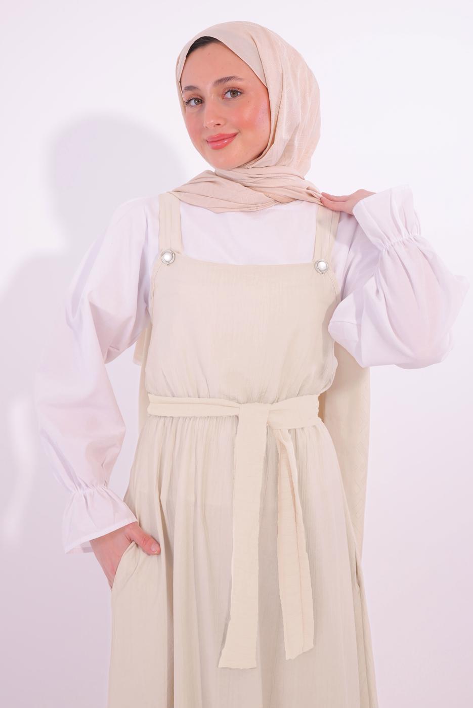 Tesettür giyim BEJ KUŞAKLI SALOPET ELBİSE T 8974