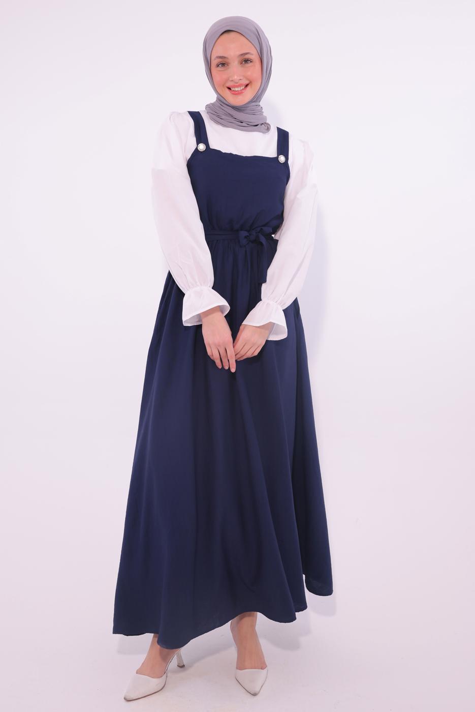 Tesettür giyim LACİVERT KUŞAKLI SALOPET ELBİSE T 8974