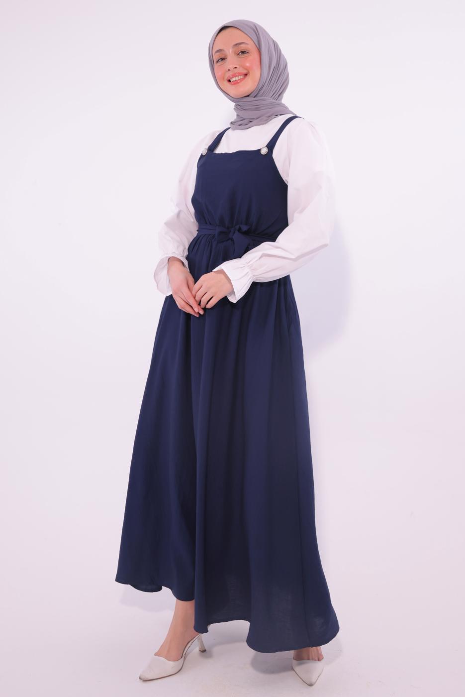 Tesettür giyim LACİVERT KUŞAKLI SALOPET ELBİSE T 8974