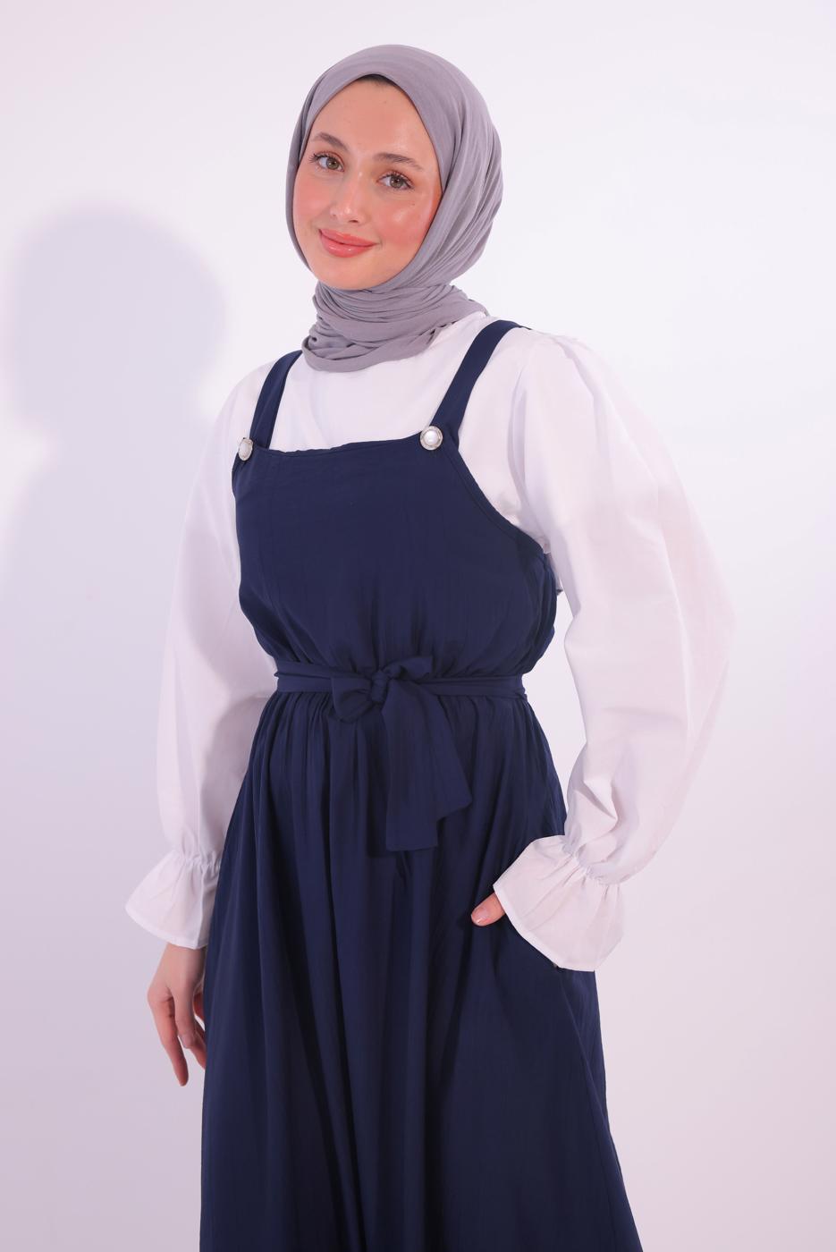 Tesettür giyim LACİVERT KUŞAKLI SALOPET ELBİSE T 8974