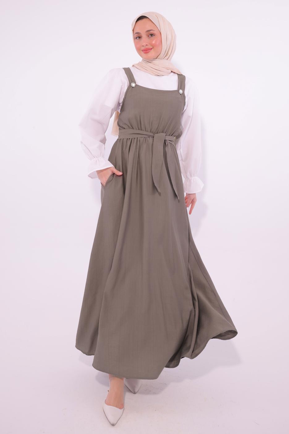 Tesettür giyim VİZON KUŞAKLI SALOPET ELBİSE T 8974