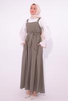 Tesettür giyim VİZON KUŞAKLI SALOPET ELBİSE T 8974