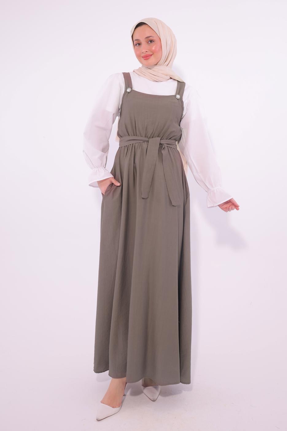 Tesettür giyim VİZON KUŞAKLI SALOPET ELBİSE T 8974