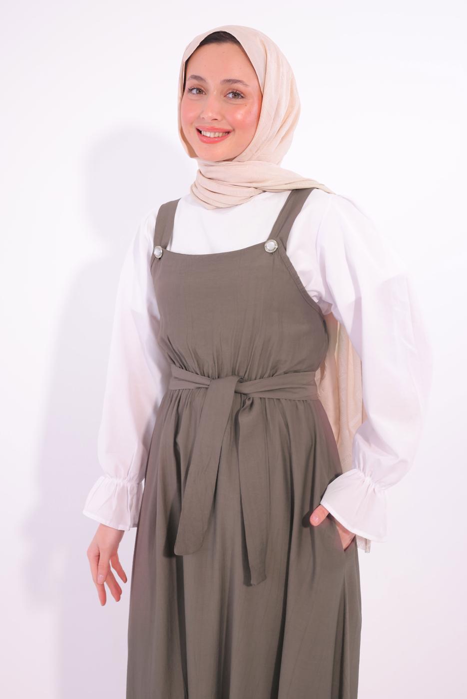 Tesettür giyim VİZON KUŞAKLI SALOPET ELBİSE T 8974