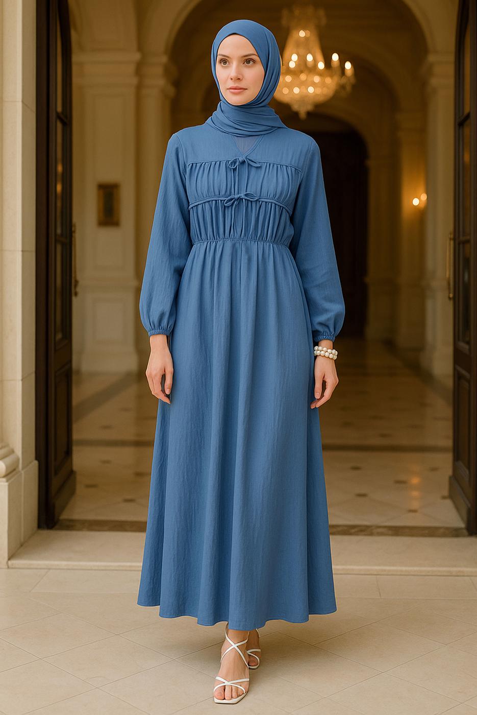 Tesettür giyim LACİVERT BAĞCIKLI ELBİSE T 9132