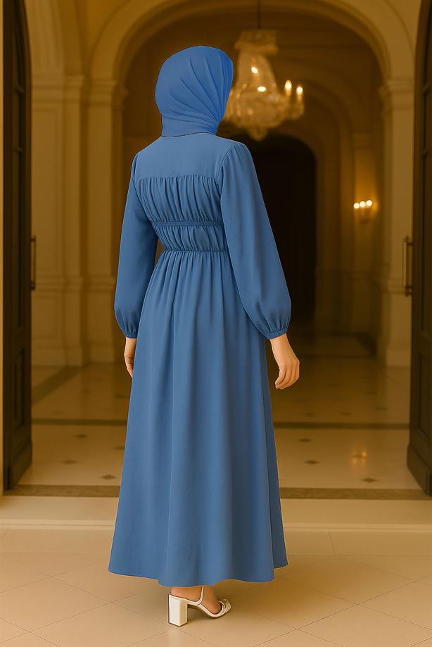 Tesettür giyim LACİVERT BAĞCIKLI ELBİSE T 9132 - TRENDTESETTÜR