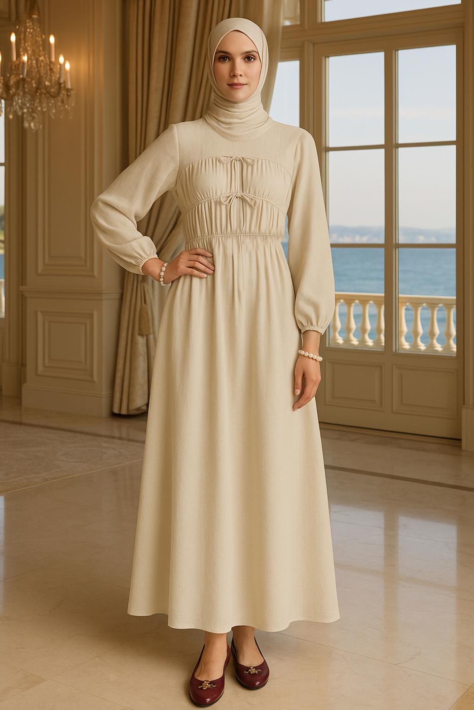 Tesettür giyim BEJ BAĞCIKLI ELBİSE T 9132