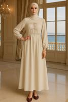 Tesettür giyim BEJ BAĞCIKLI ELBİSE T 9132