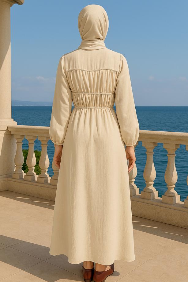 Tesettür giyim BEJ BAĞCIKLI ELBİSE T 9132 - TRENDTESETTÜR