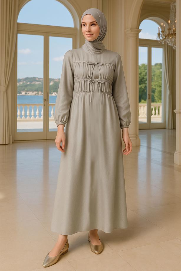 Tesettür giyim VİZON BAĞCIKLI ELBİSE T 9132 - TRENDTESETTÜR