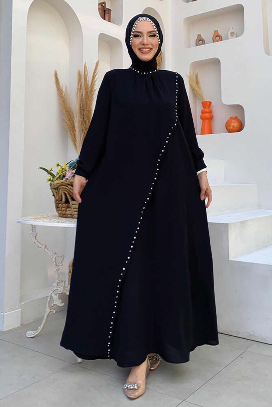Tesettür giyim SİYAH TAŞ DETAYLI ABİYE ELBİSE T 9783