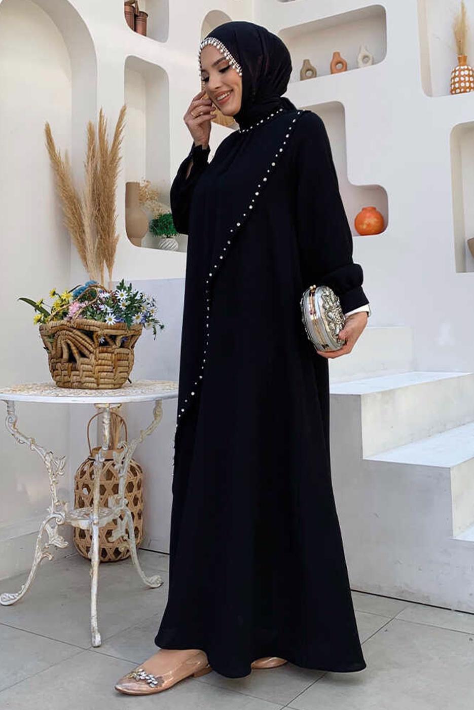 Tesettür giyim SİYAH TAŞ DETAYLI ABİYE ELBİSE T 9783