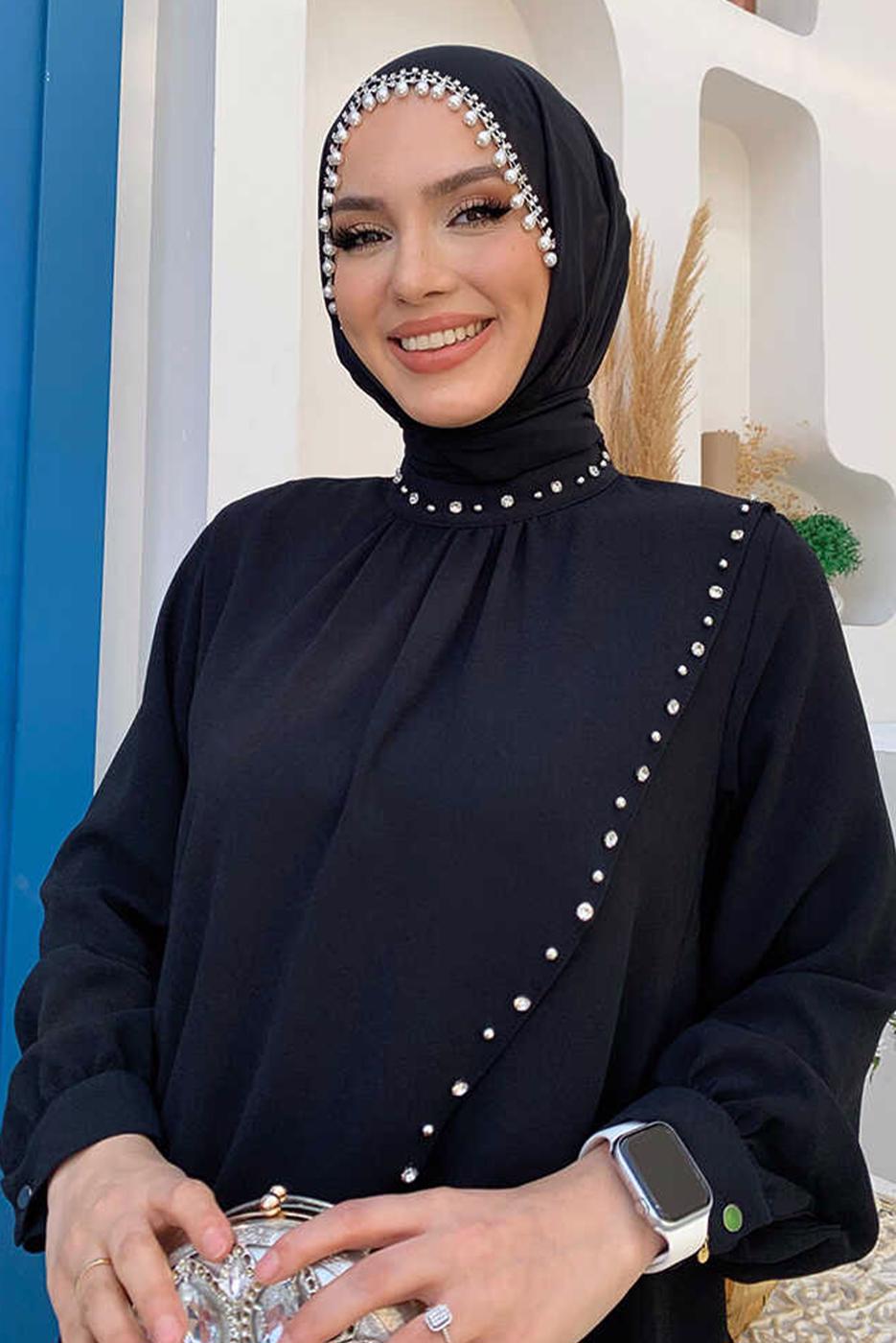 Tesettür giyim SİYAH TAŞ DETAYLI ABİYE ELBİSE T 9783