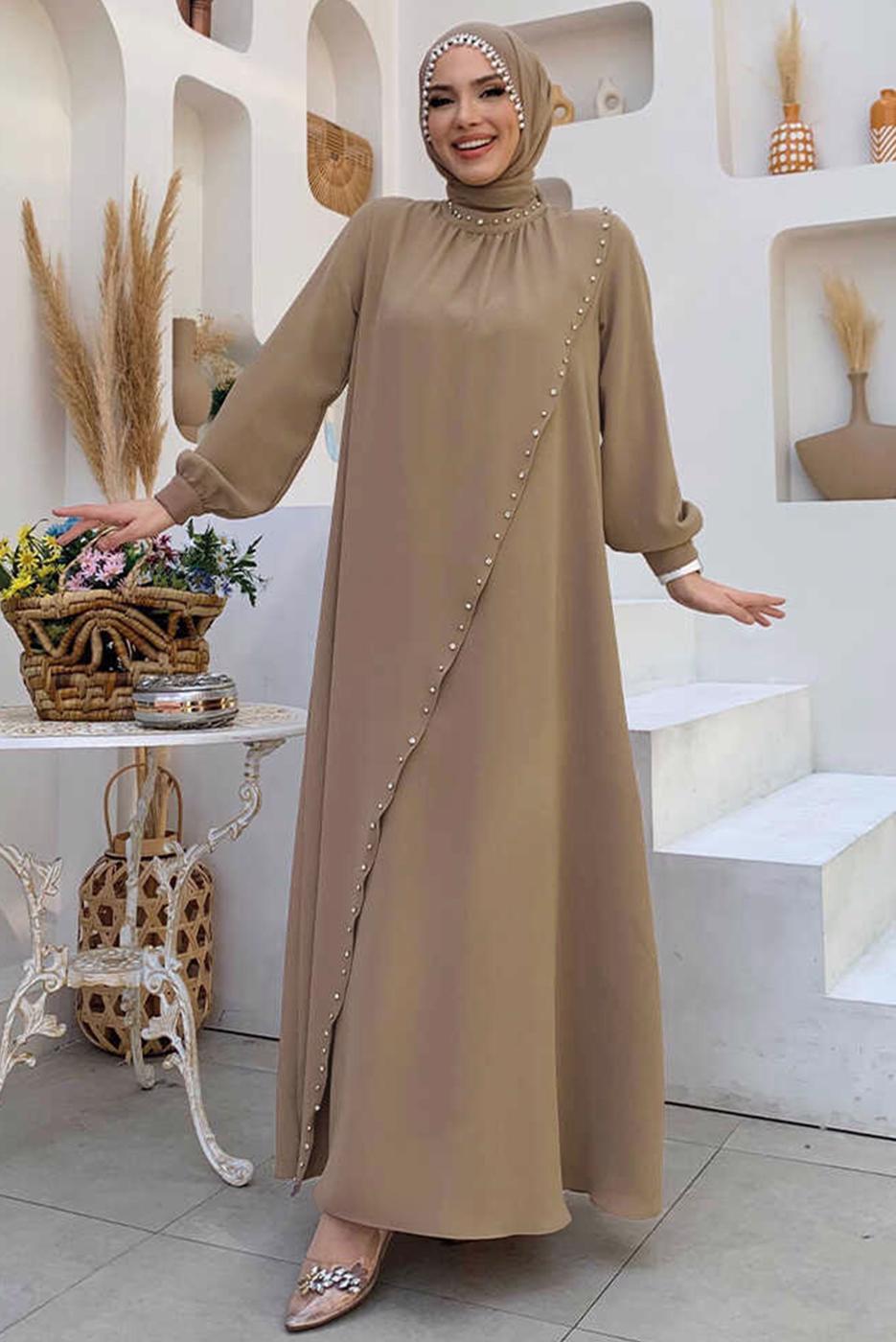 Tesettür giyim VİZON TAŞ DETAYLI ABİYE ELBİSE T 9783