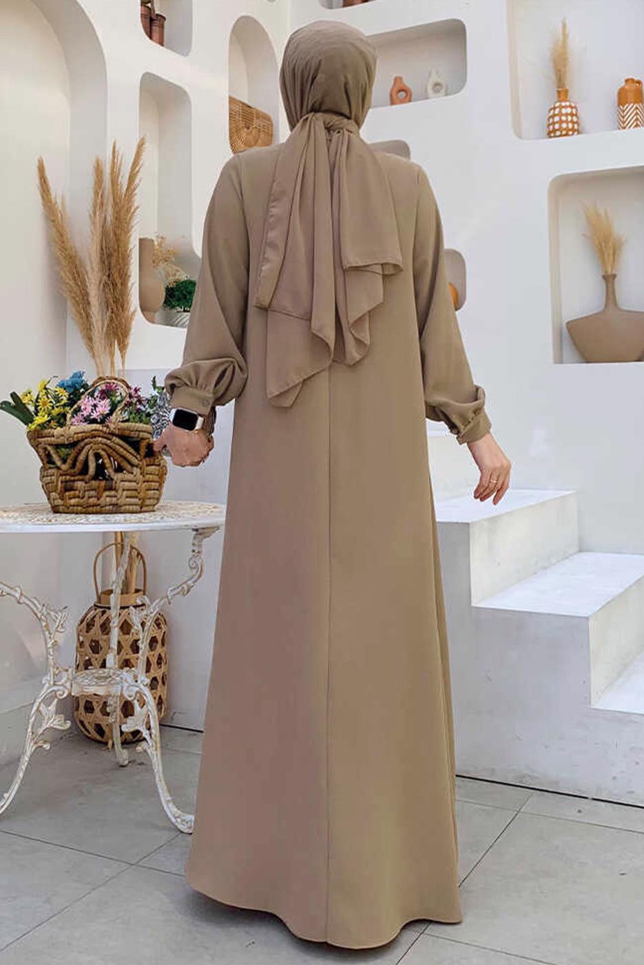 Tesettür giyim VİZON TAŞ DETAYLI ABİYE ELBİSE T 9783