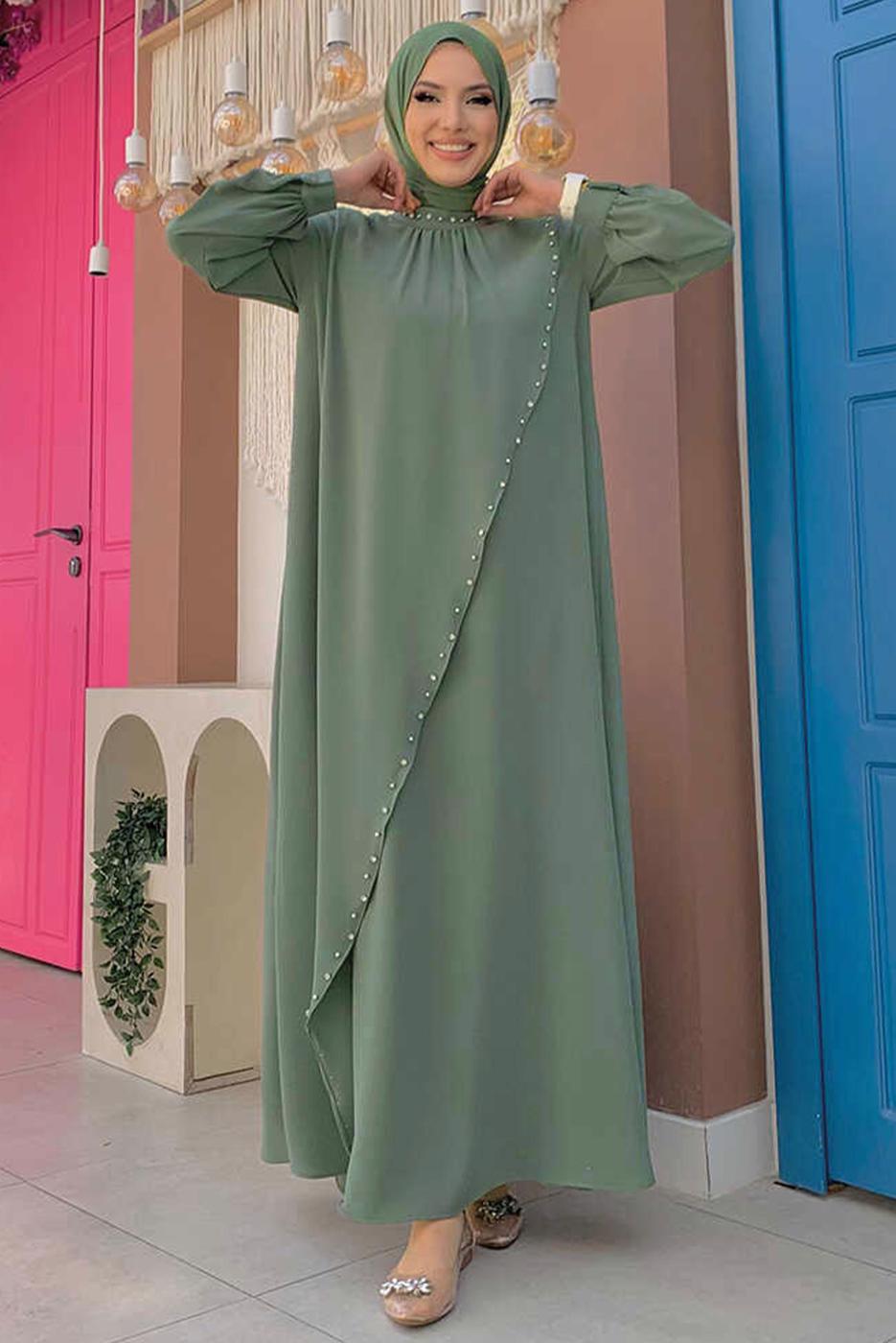 Tesettür giyim YEŞİL TAŞ DETAYLI ABİYE ELBİSE T 9783