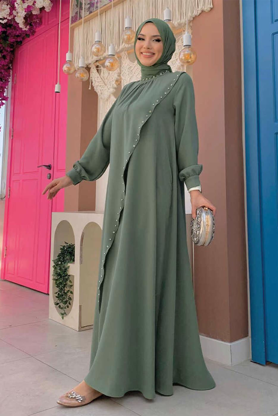 Tesettür giyim YEŞİL TAŞ DETAYLI ABİYE ELBİSE T 9783