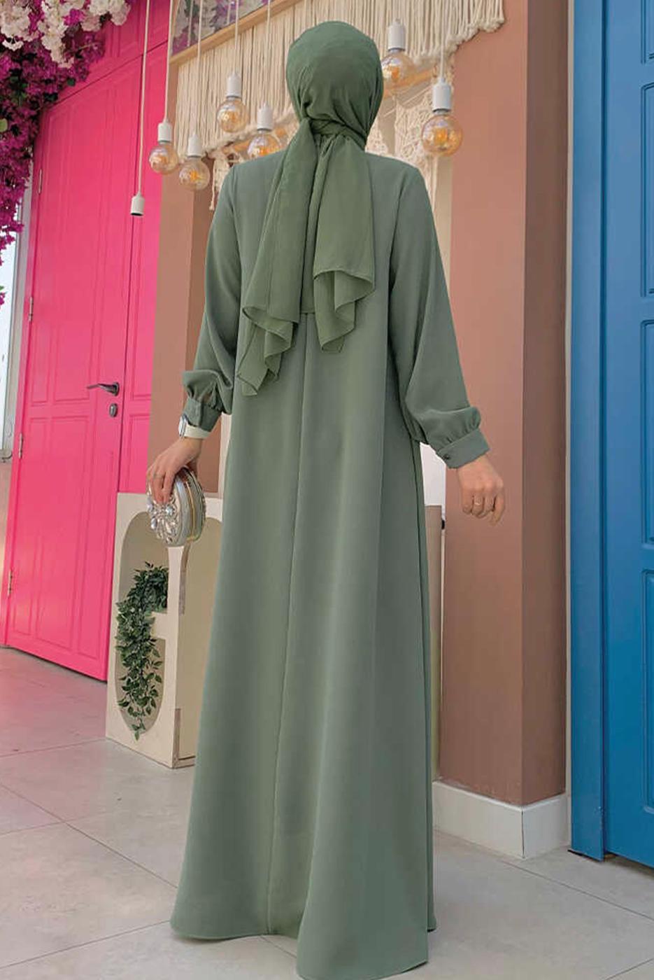 Tesettür giyim YEŞİL TAŞ DETAYLI ABİYE ELBİSE T 9783