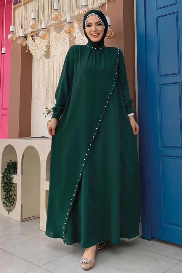 Tesettür giyim YEŞİL TAŞ DETAYLI ABİYE ELBİSE T 9783 - TRENDTESETTÜR