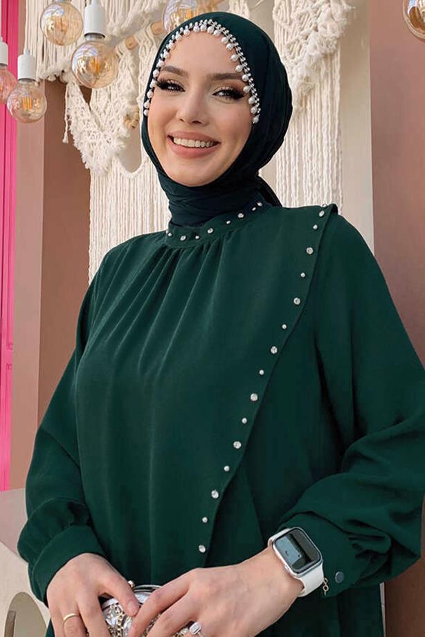 Tesettür giyim YEŞİL TAŞ DETAYLI ABİYE ELBİSE T 9783 - TRENDTESETTÜR