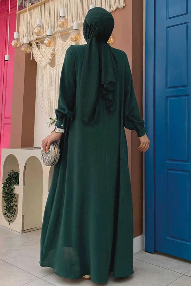 Tesettür giyim YEŞİL TAŞ DETAYLI ABİYE ELBİSE T 9783 - TRENDTESETTÜR