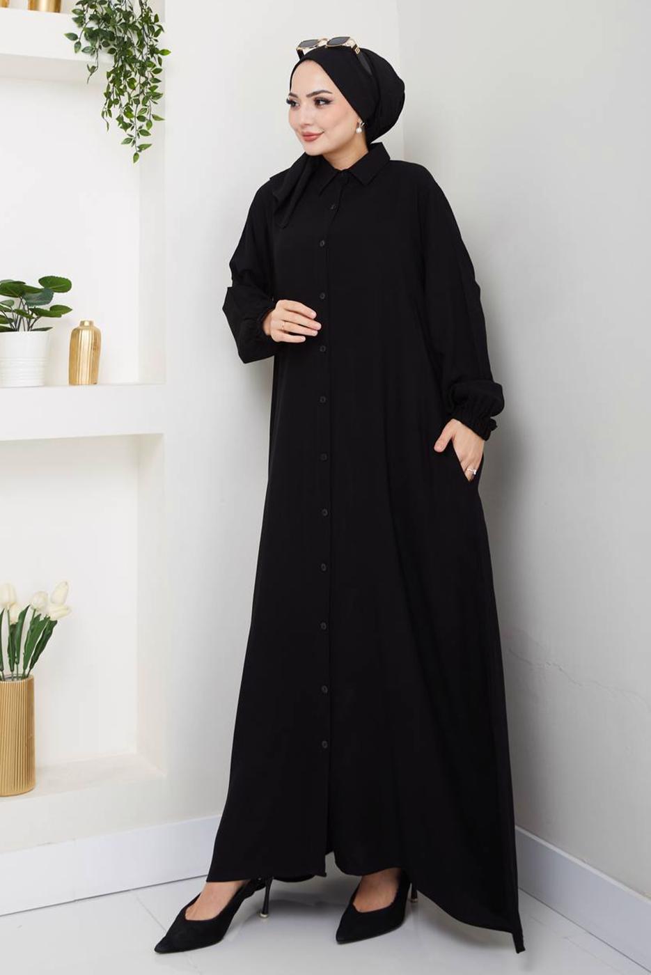 Tesettür giyim SİYAH GÖMLEK YAKA ELBİSE T 9988