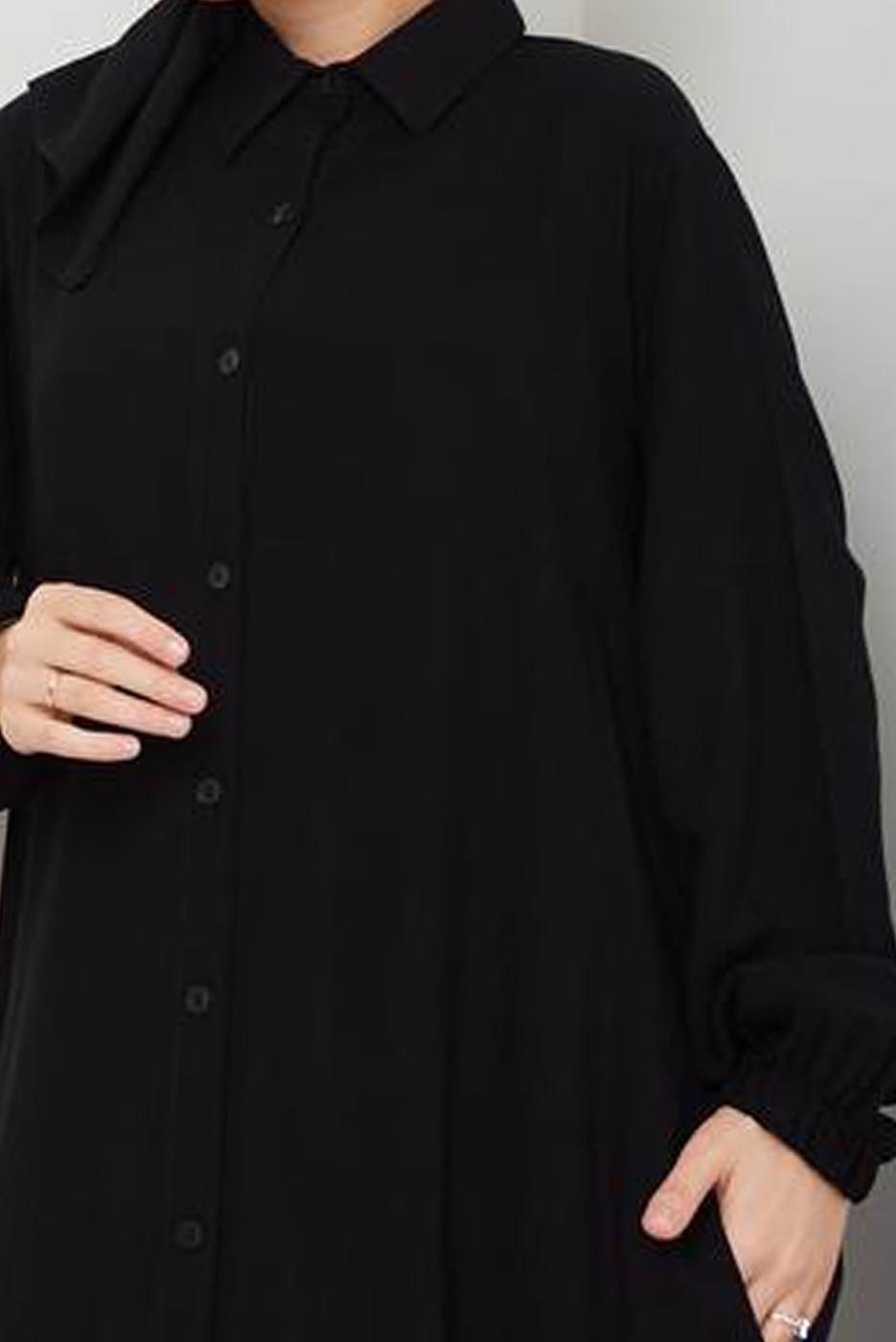 Tesettür giyim SİYAH GÖMLEK YAKA ELBİSE T 9988