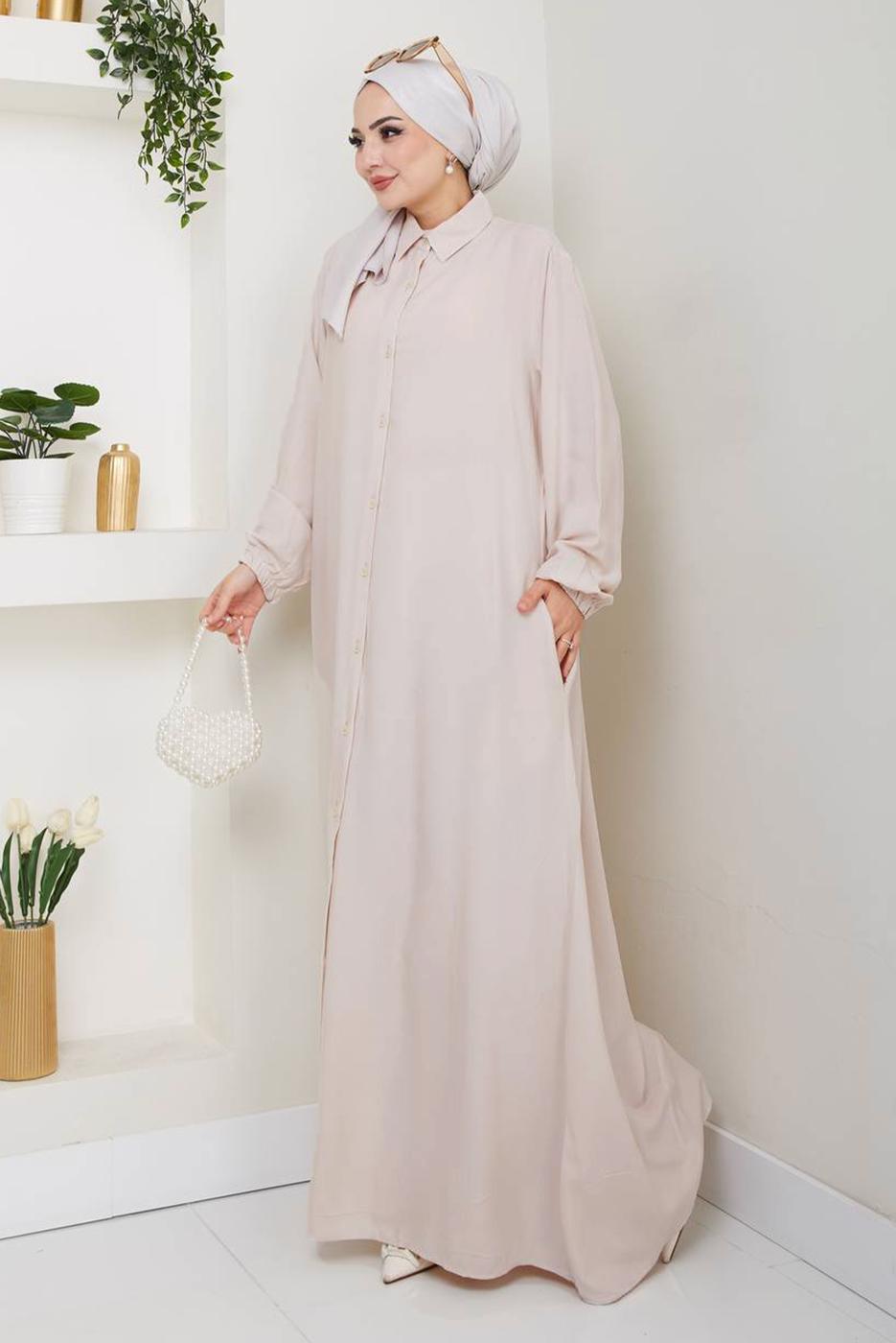 Tesettür giyim BEJ GÖMLEK YAKA ELBİSE T 9988