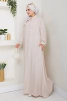 Tesettür giyim BEJ GÖMLEK YAKA ELBİSE T 9988