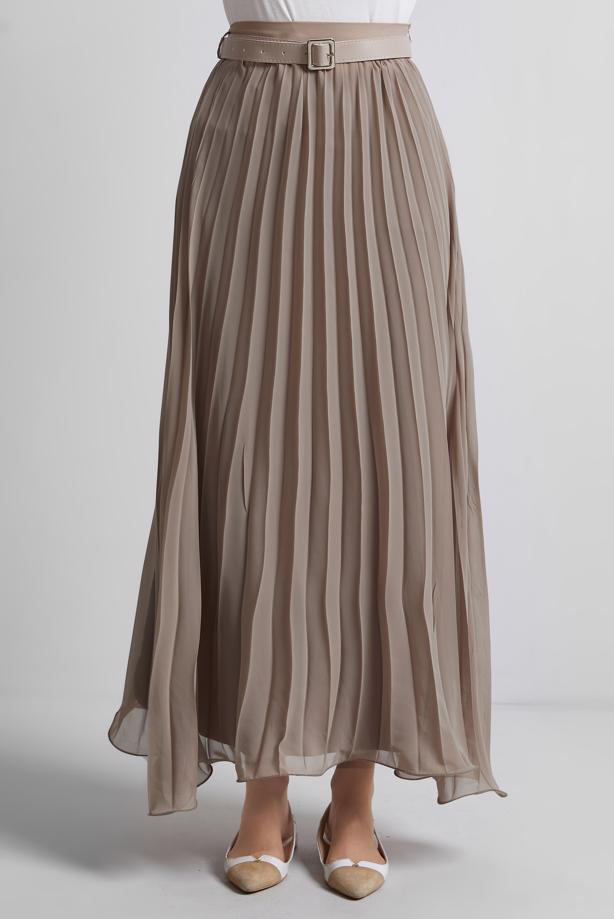 Tesettür giyim BEJ KEMERLİ PİLİSELİ ETEK T 2026 - TRENDTESETTÜR