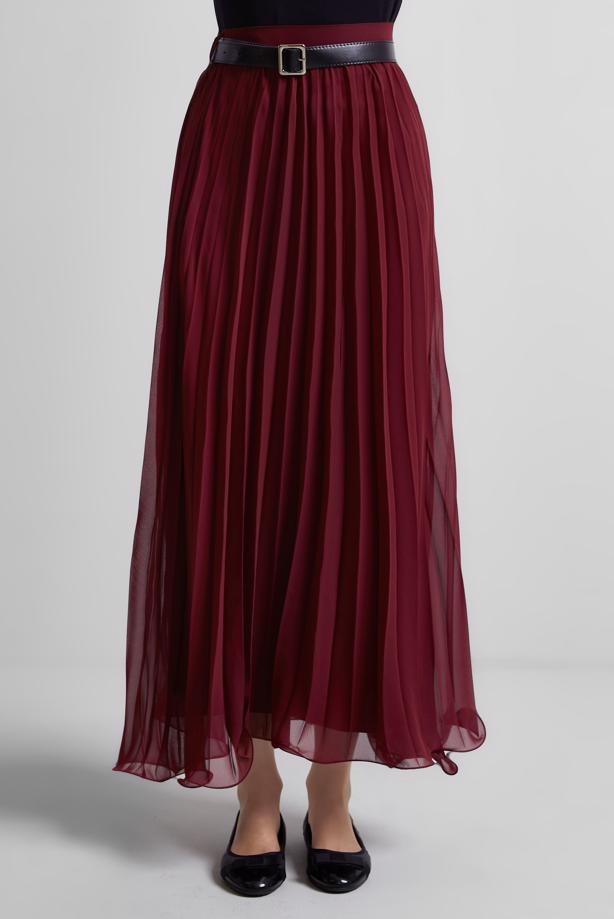 Tesettür giyim BORDO KEMERLİ PİLİSELİ ETEK T 2026 - TRENDTESETTÜR