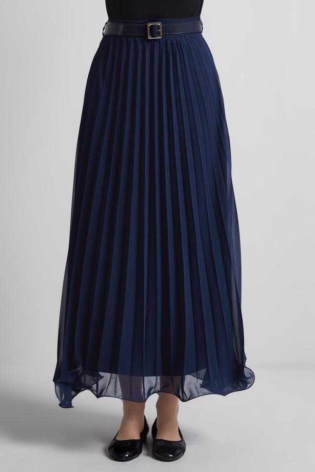 Tesettür giyim LACİVERT KEMERLİ PİLİSELİ ETEK T 2026 - TRENDTESETTÜR