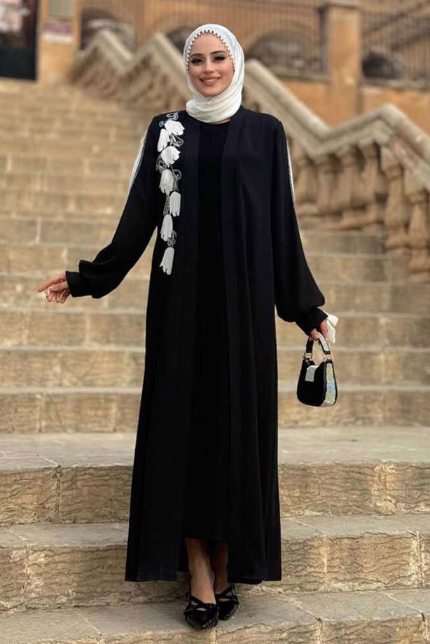 Tesettür giyim SİYAH ÇİÇEK İŞLEMELİ ABAYA T 4193 - TRENDTESETTÜR