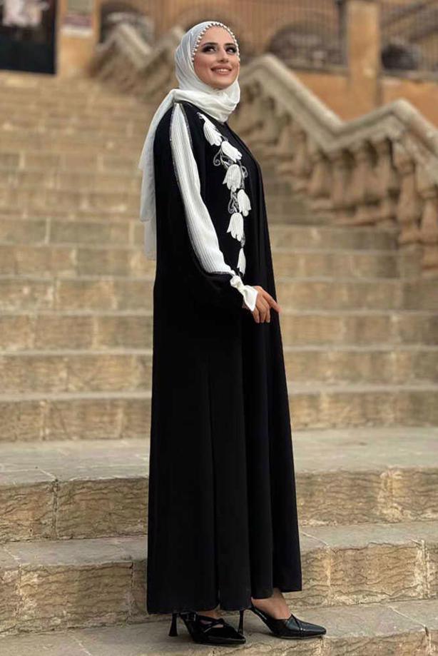 Tesettür giyim SİYAH ÇİÇEK İŞLEMELİ ABAYA T 4193 - TRENDTESETTÜR